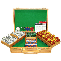300 14g 3 COLOR A/K SUITED CLAY POKER CHIP SET W/OAK CASE