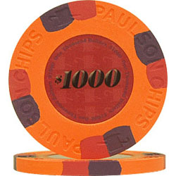 $1000 ORANGE Paulson Tophat & Cane FULL Clay Poker Chip