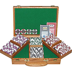 300 12.2 Gram Clay Coin Inlay Poker Chips w/Genuine Oak Case
